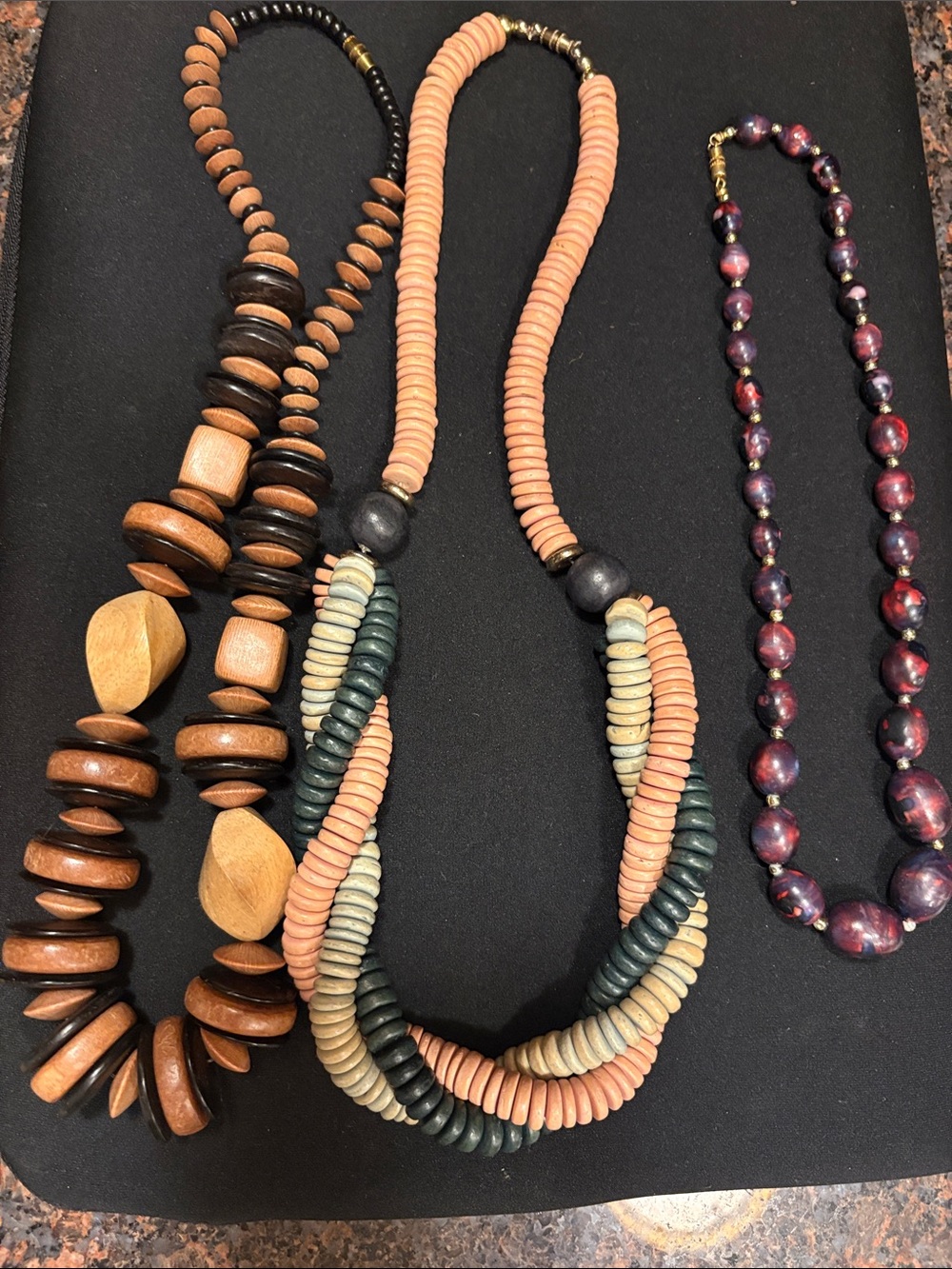 Lot 3 Wood wooden chunky pretty necklace lot